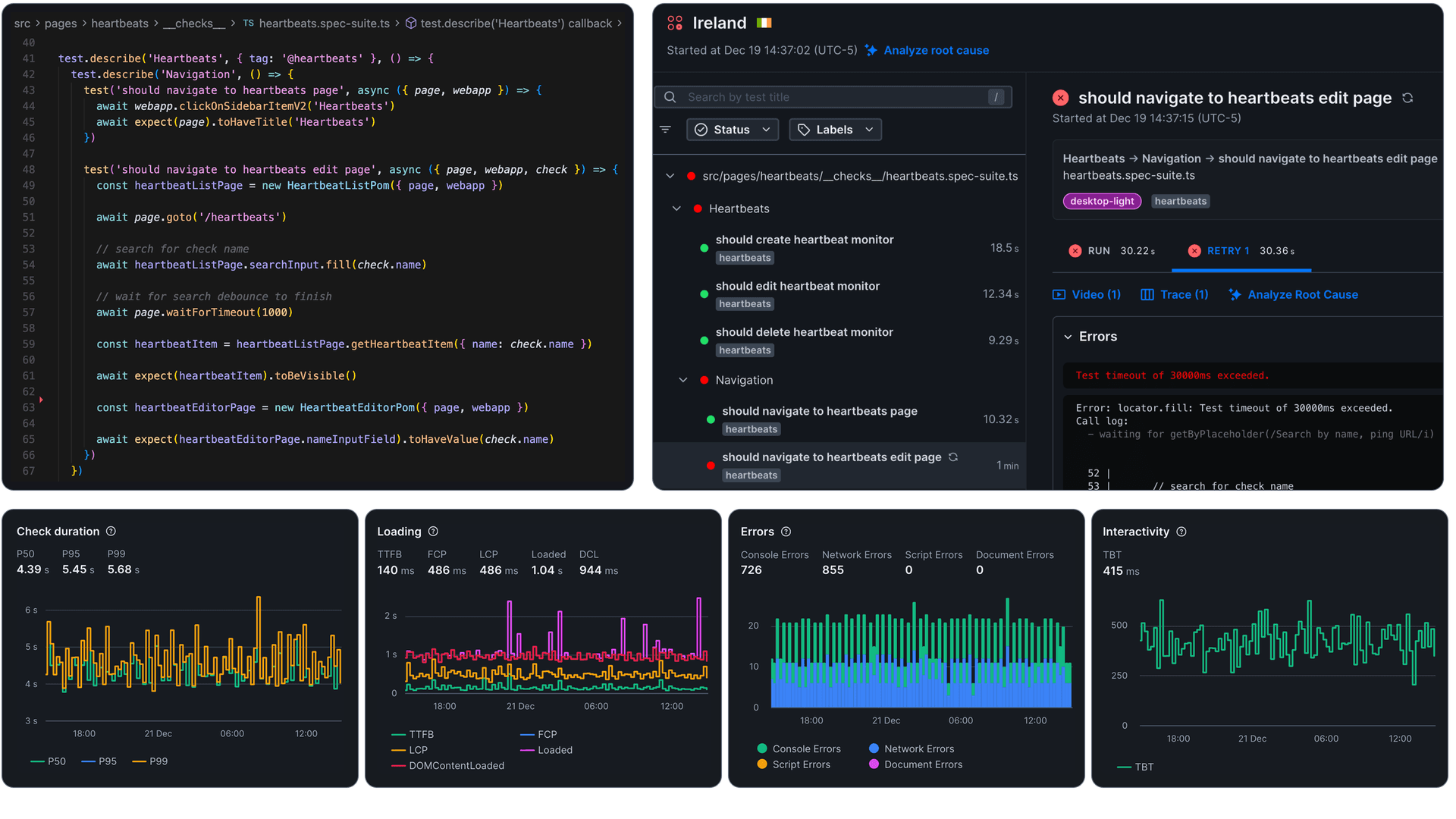 Checkly Synthetic Monitoring dashboard showing browser check results and Playwright traces