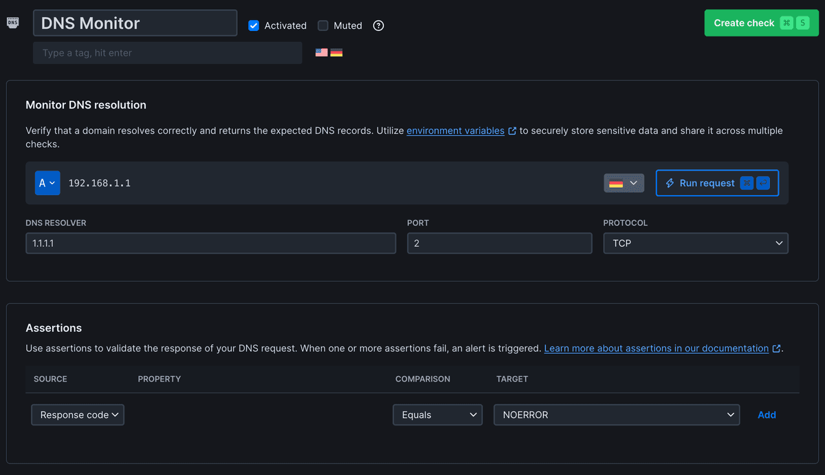 DNS Monitor displaying domain resolution checks and DNS record validation