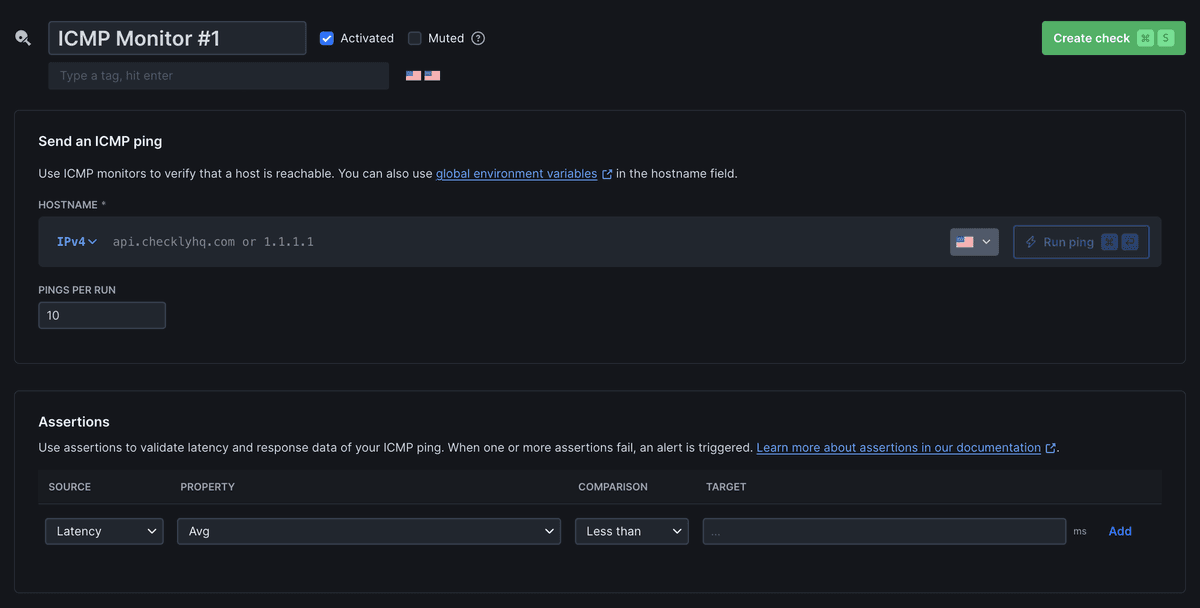 ICMP Monitor configuration showing ping checks and host reachability monitoring