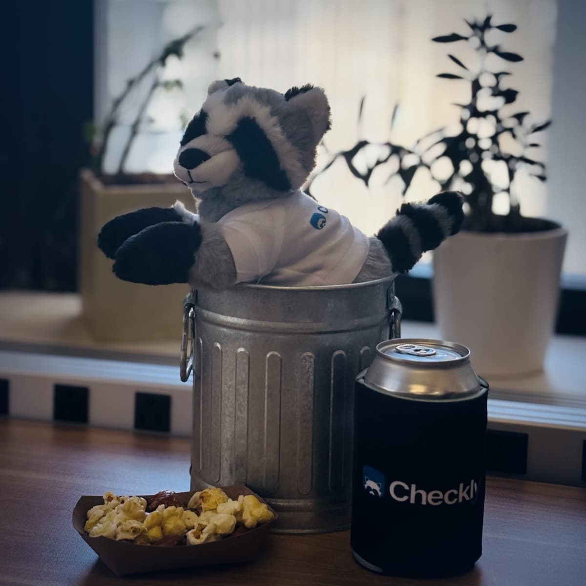 Checkly raccoon plushie in a tiny trash can, next to a Checkly can cooler and popcorn