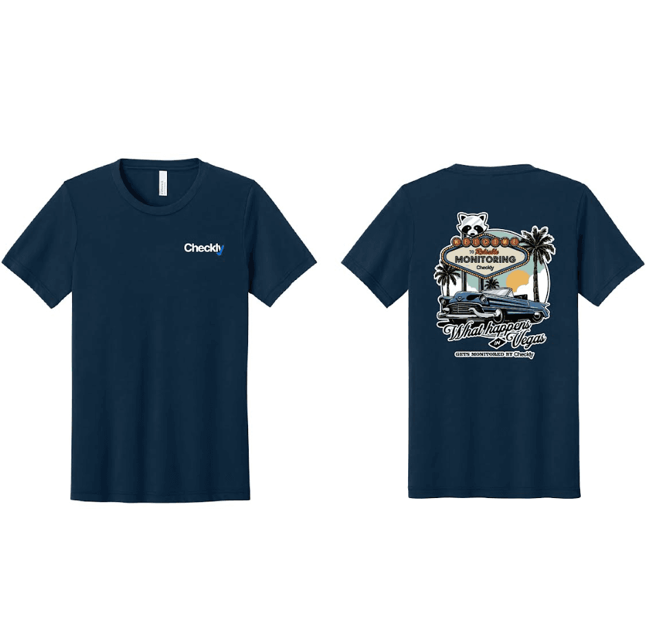 Navy Checkly t-shirt. The back reads Welcome to reliable monitoring and What happens in Vegas gets monitored by Checkly.