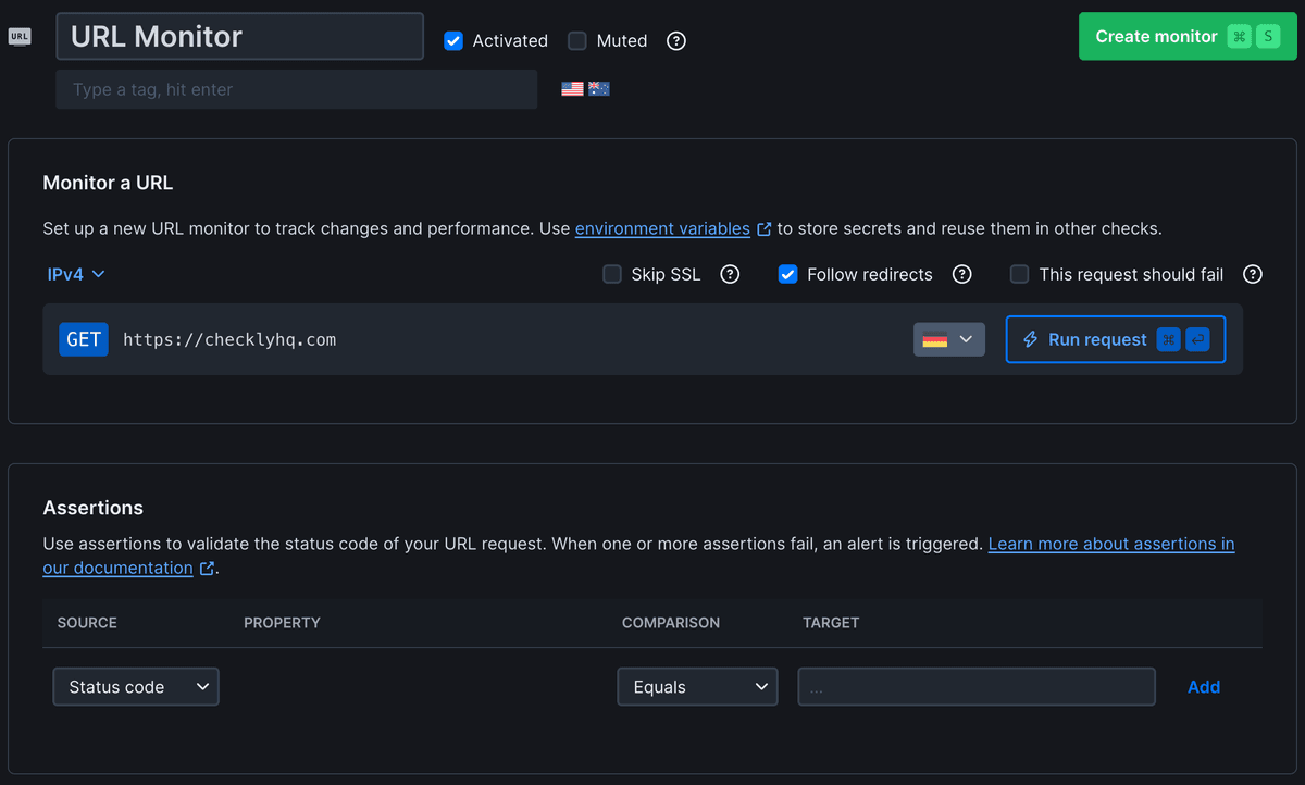 URL Monitor configuration showing HTTP status checks and response time monitoring