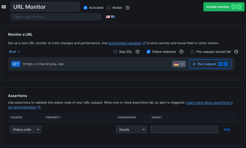 URL Monitor configuration showing HTTP status checks and response time monitoring