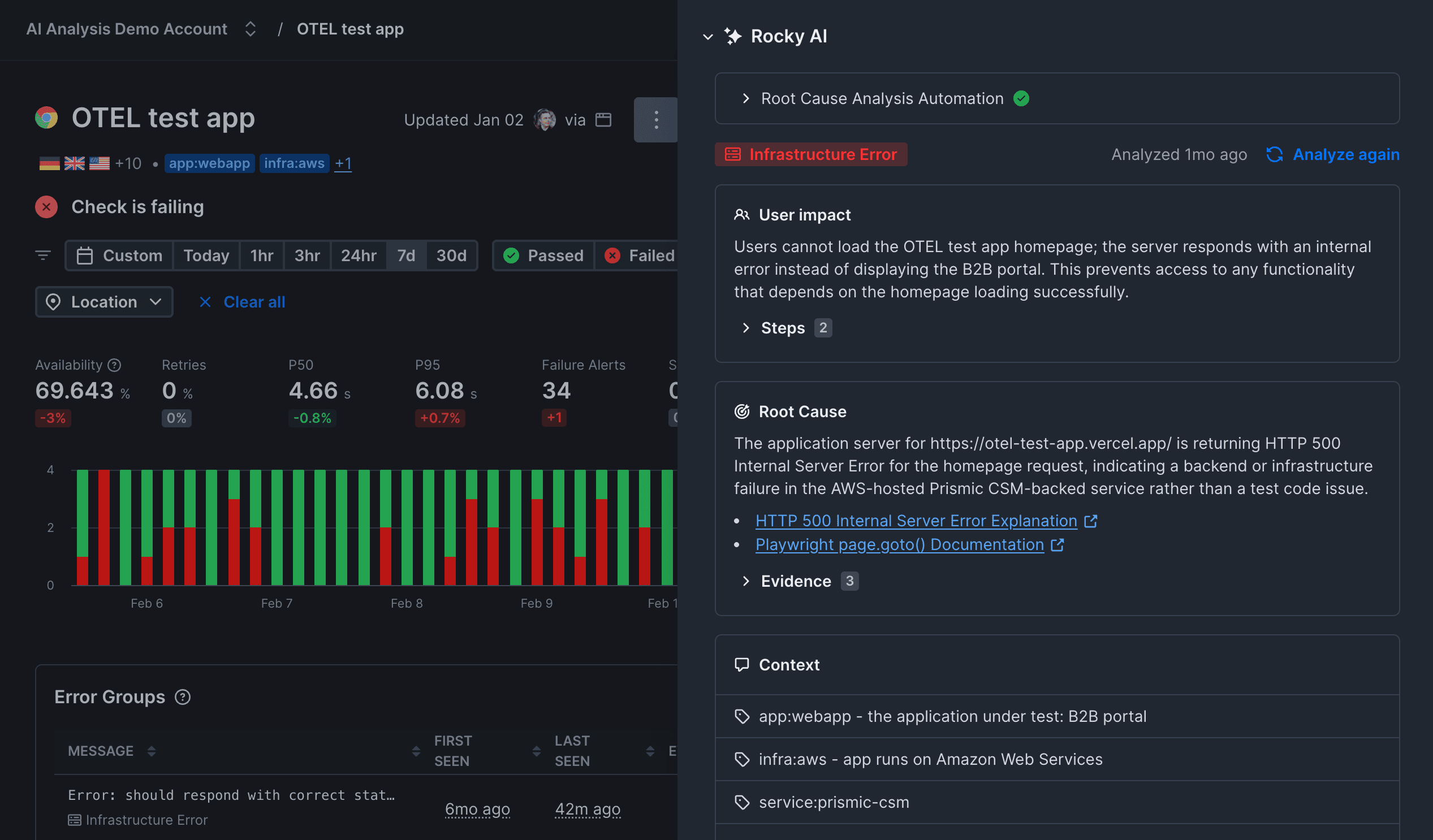 Rocky AI analyzing a failed check with root cause analysis, error categorization, and suggested fixes