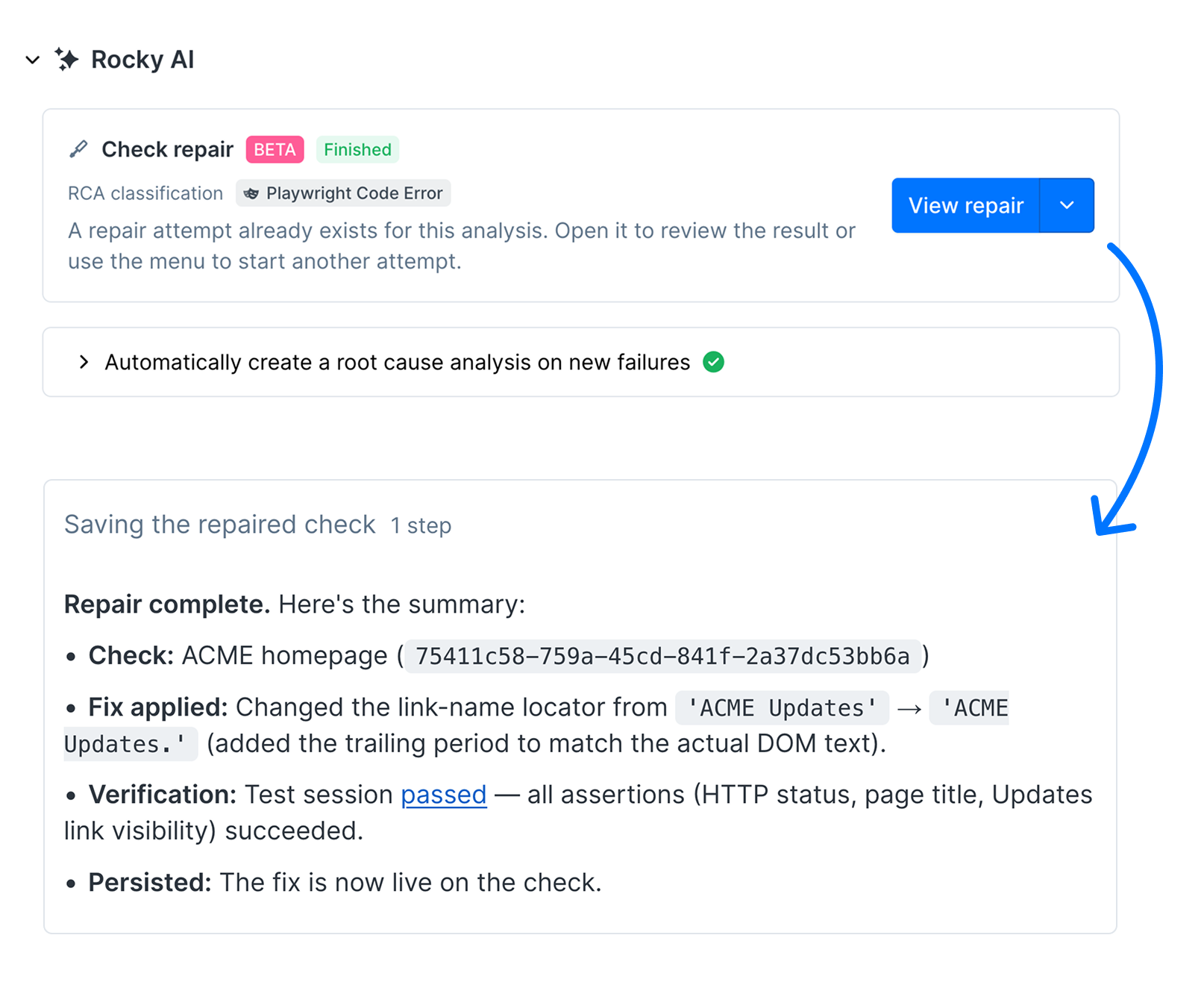 A finished Rocky AI check repair, labelled Beta, for a Playwright code error: the summary shows a link locator updated to match the page text, a passing test session, and the fix saved to the check