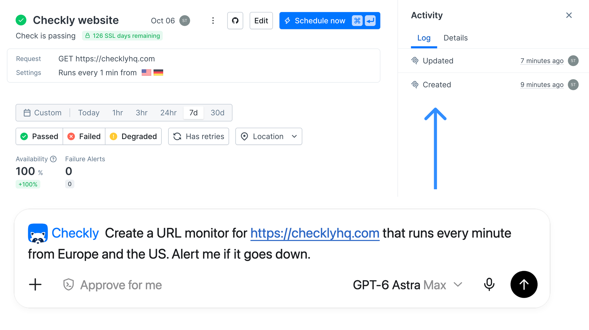 A URL monitor for checklyhq.com created from an MCP prompt in a coding agent, passing and running every minute from the US and Germany, with its creation logged in the Activity panel