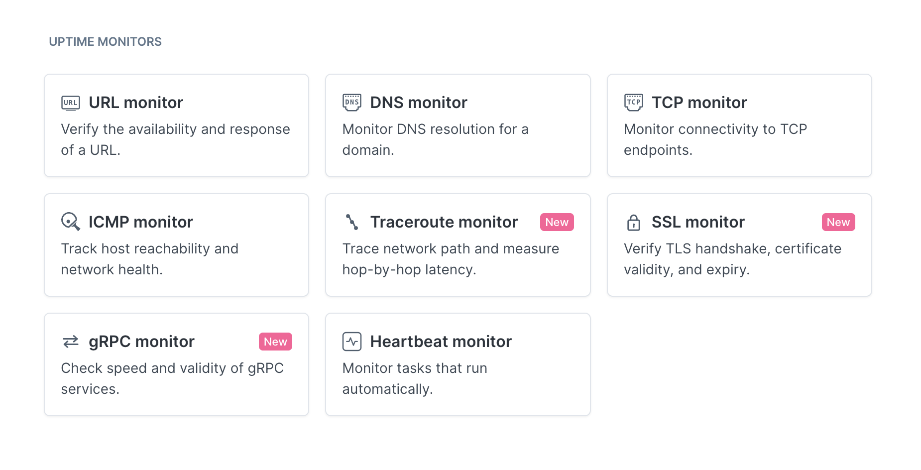 The uptime monitor picker with Traceroute, SSL, and gRPC monitors marked as new