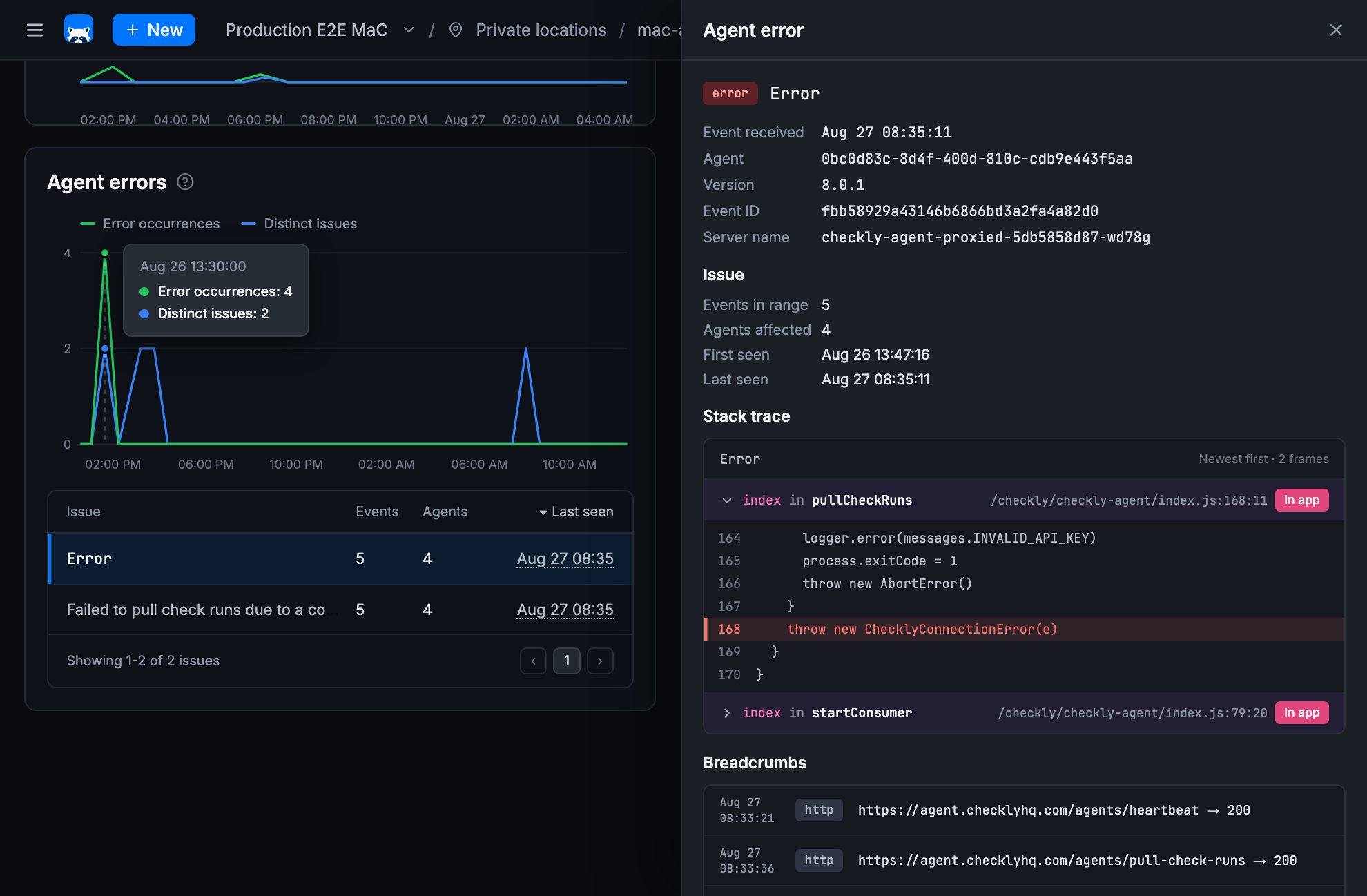 The Agent errors chart of a Private Location, plotting error occurrences and distinct issues over time, next to an agent error drawer with the agent ID, version, stack trace, and breadcrumbs