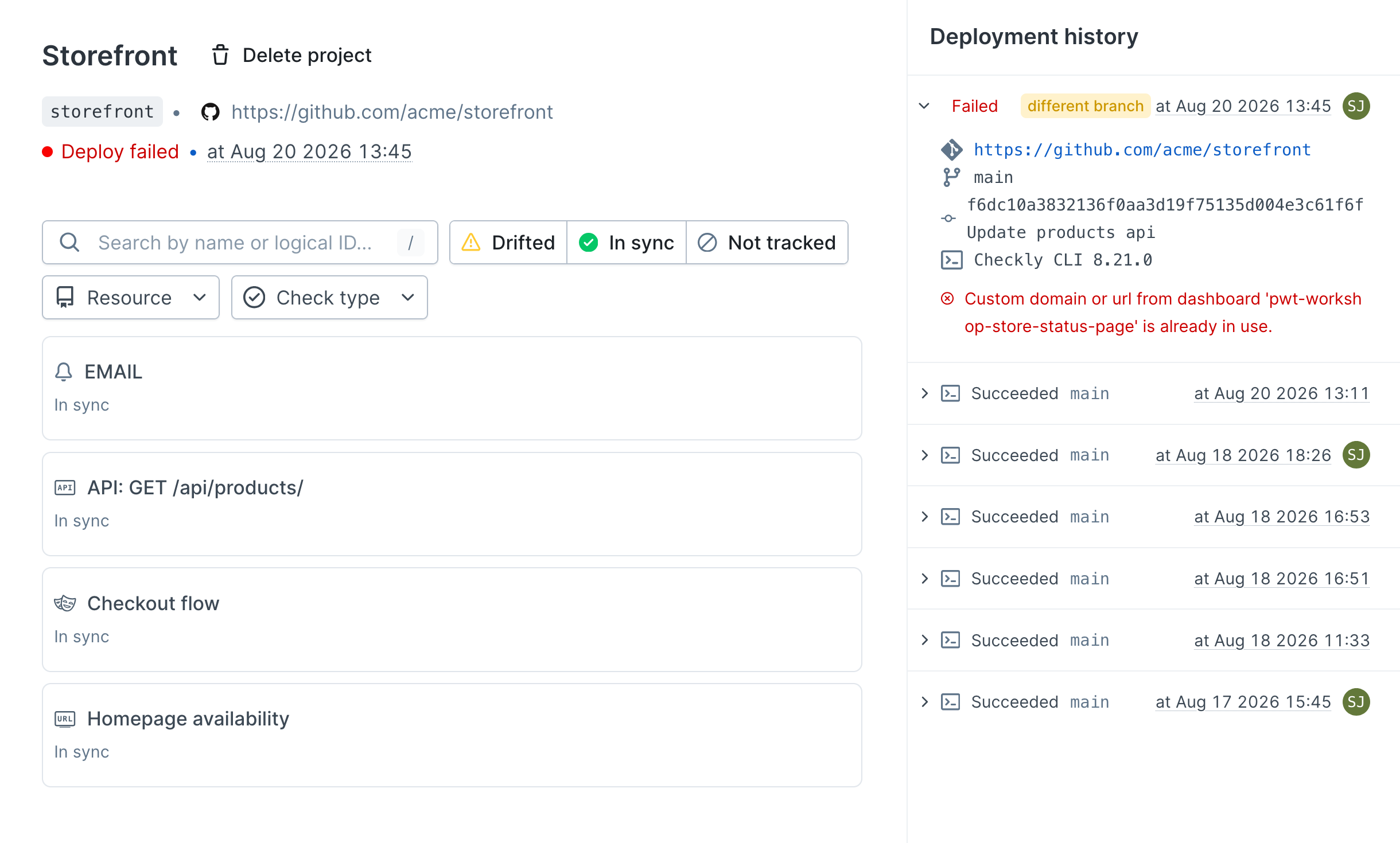 A Monitoring as Code project page for a Storefront project, listing its resources and sync status next to a deployment history panel showing a failed deploy and the error behind it