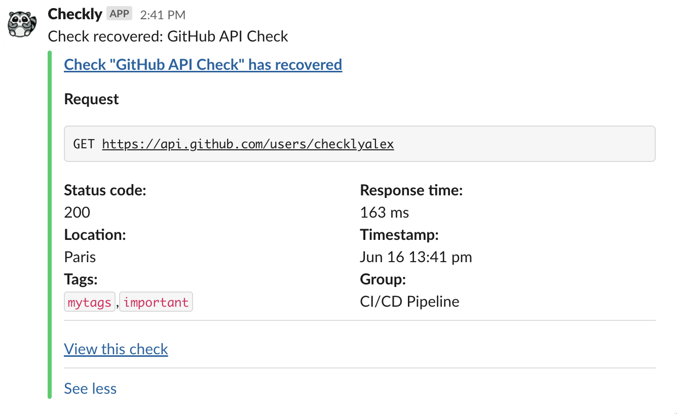 A slack message showing a recovered alert