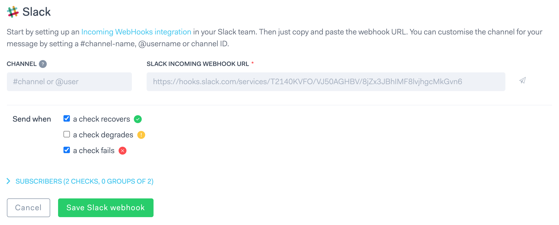 Add a Slack WebHook URL to Checkly