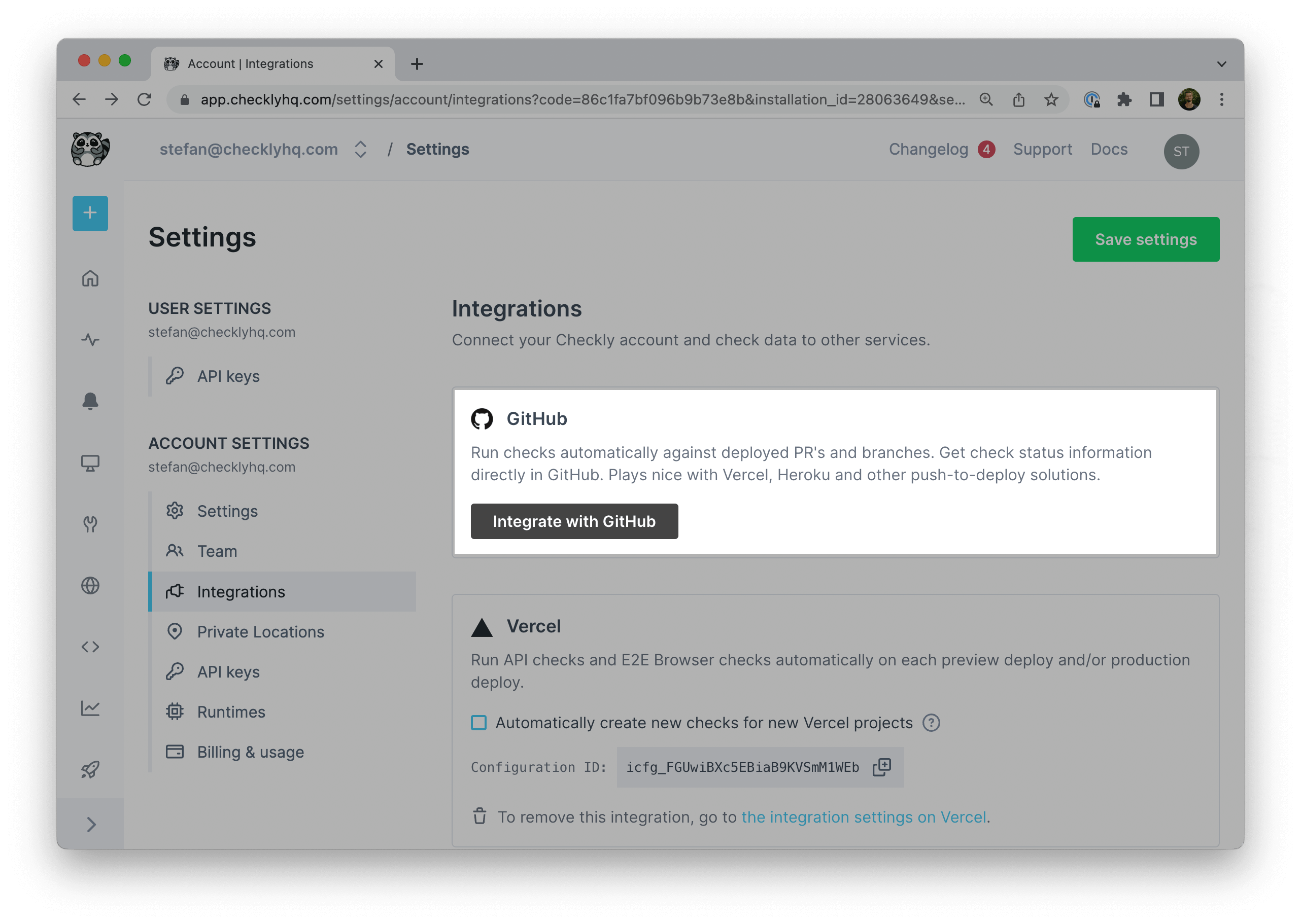 Checkly integrations showing the GitHub integration section