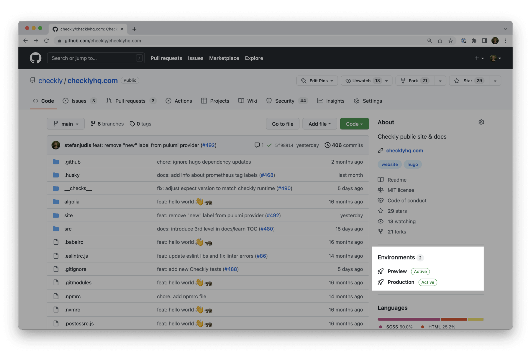 GitHub repository listing a Production and Preview environment