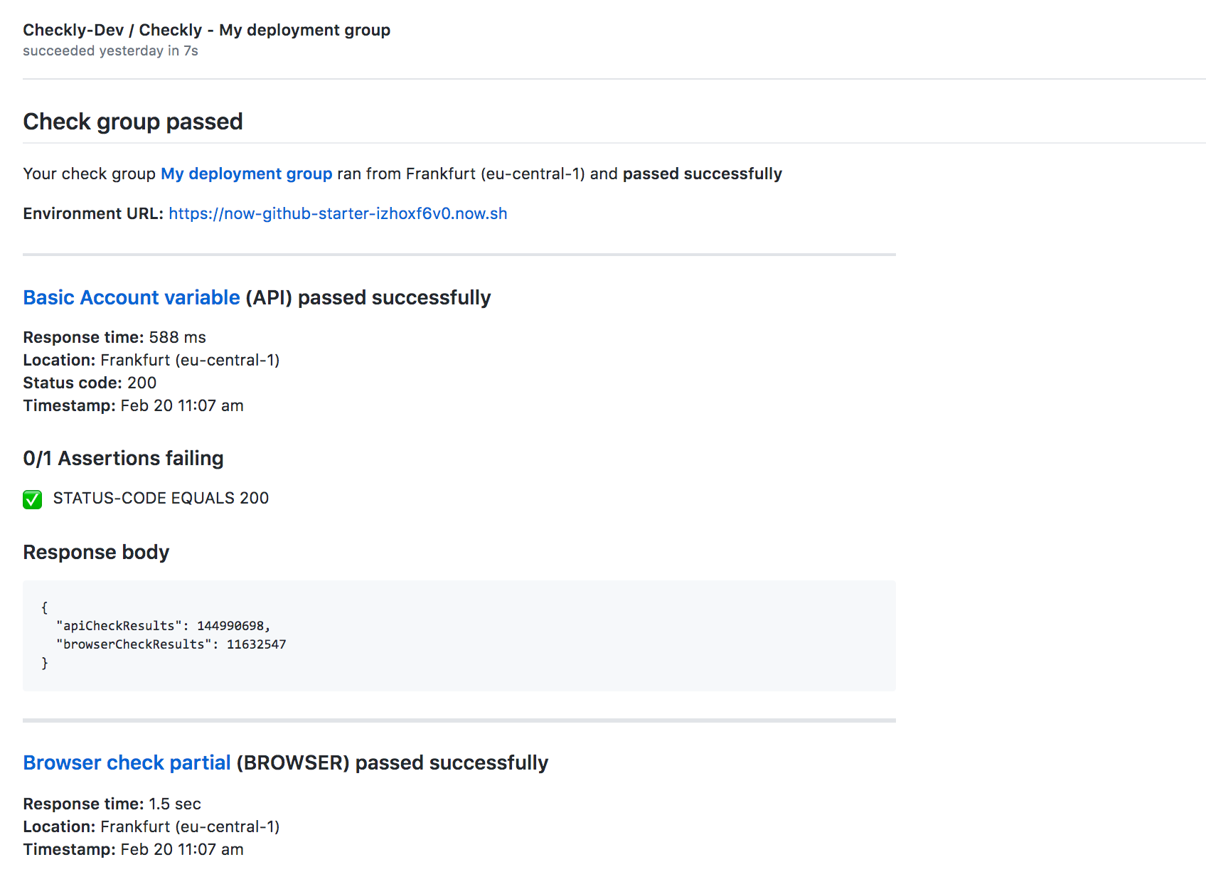 Check group GitHub deployment result screenshot