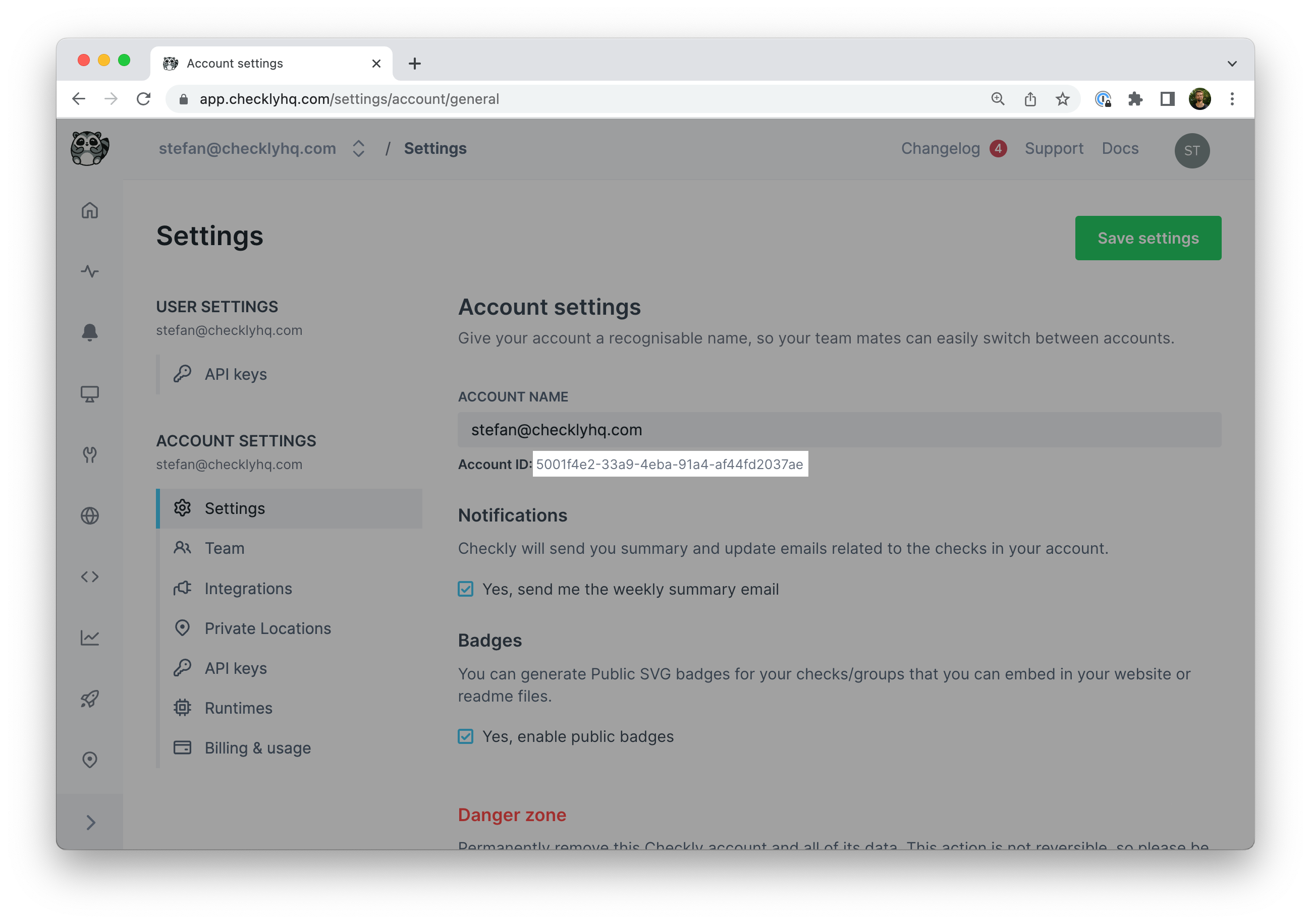 Checkly account settings showing the account ID
