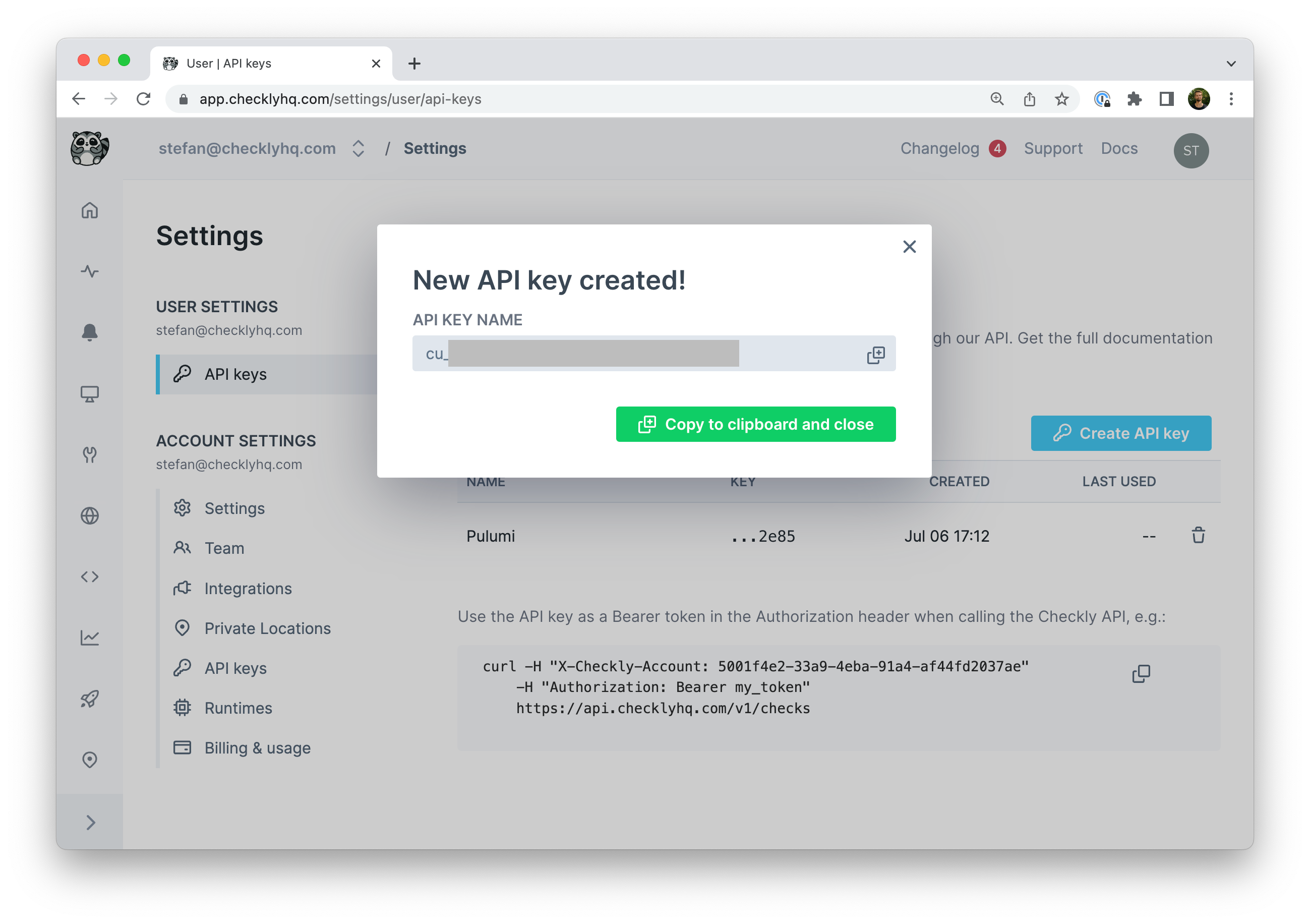 Checkly api key section showing a newly created API key