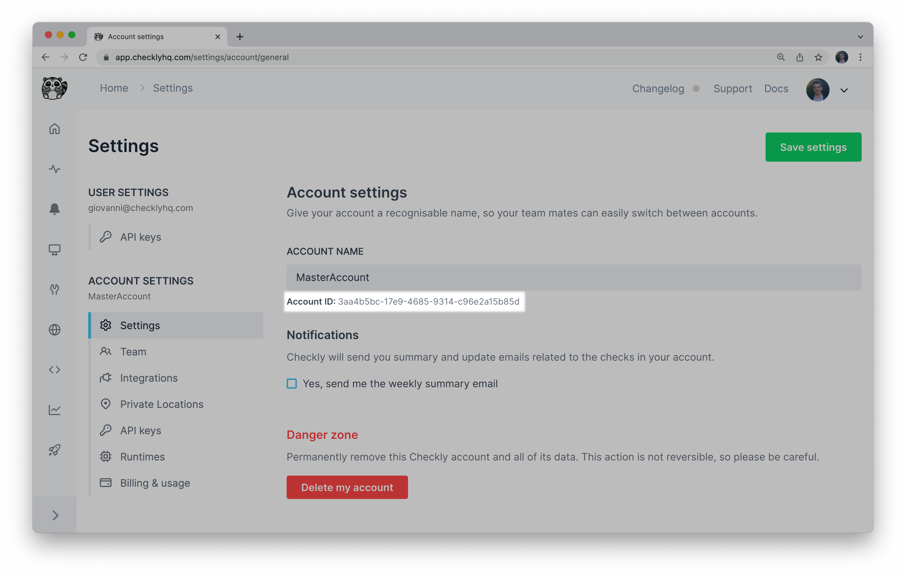 account id in checkly settings
