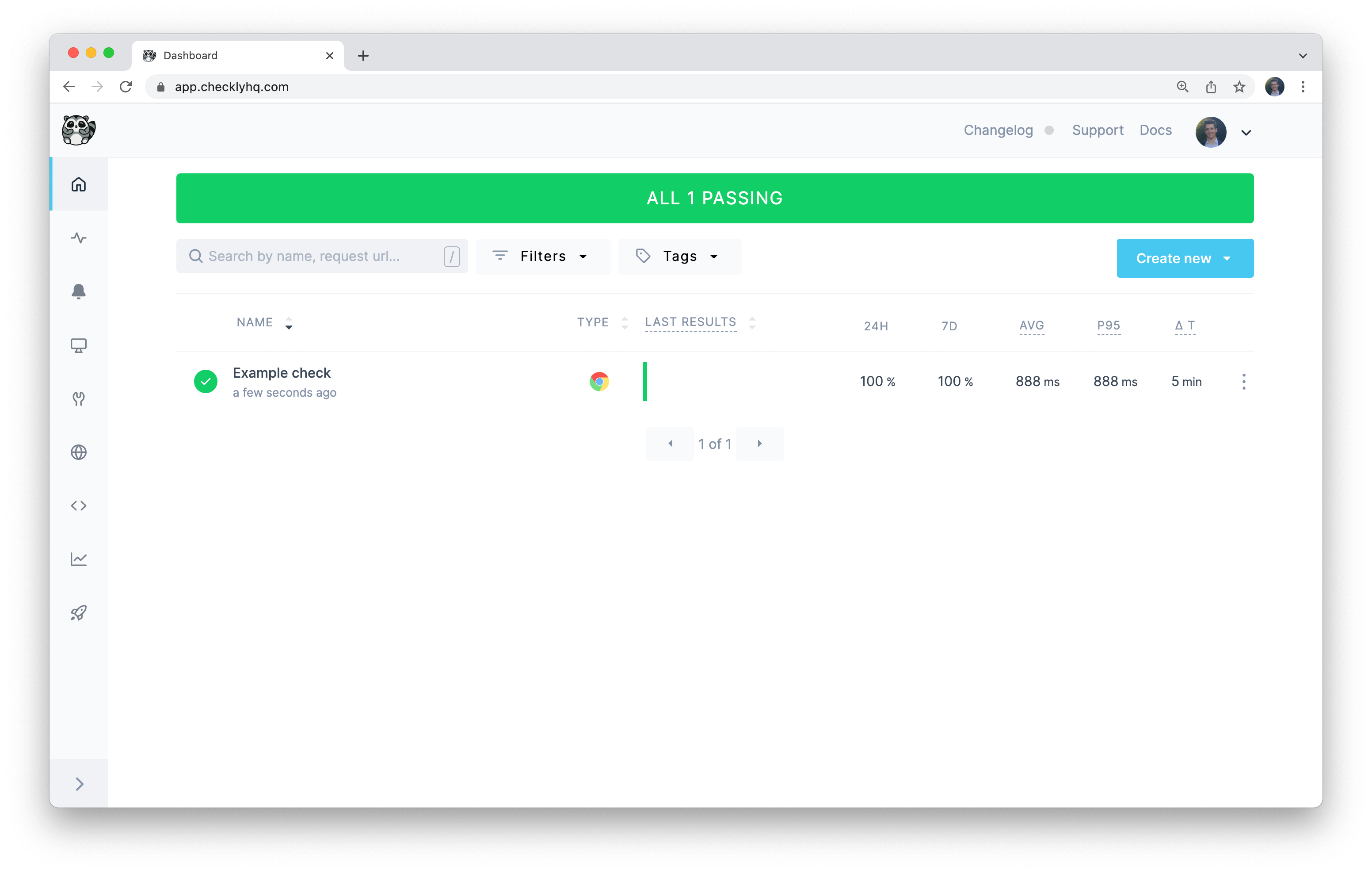 checkly dashboard with running check