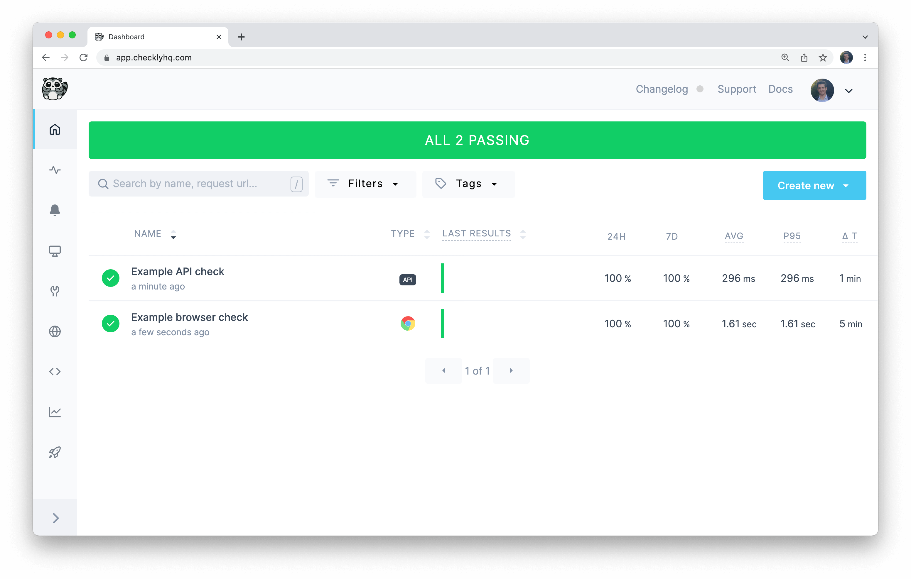 checkly dashboard with running check