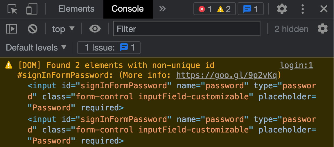chrome devtools console showing alert for duplicated id